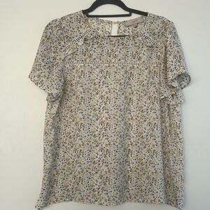 Loft Neutral Floral Boho Blouse with Small Crochet Detail & Flutter Slee…